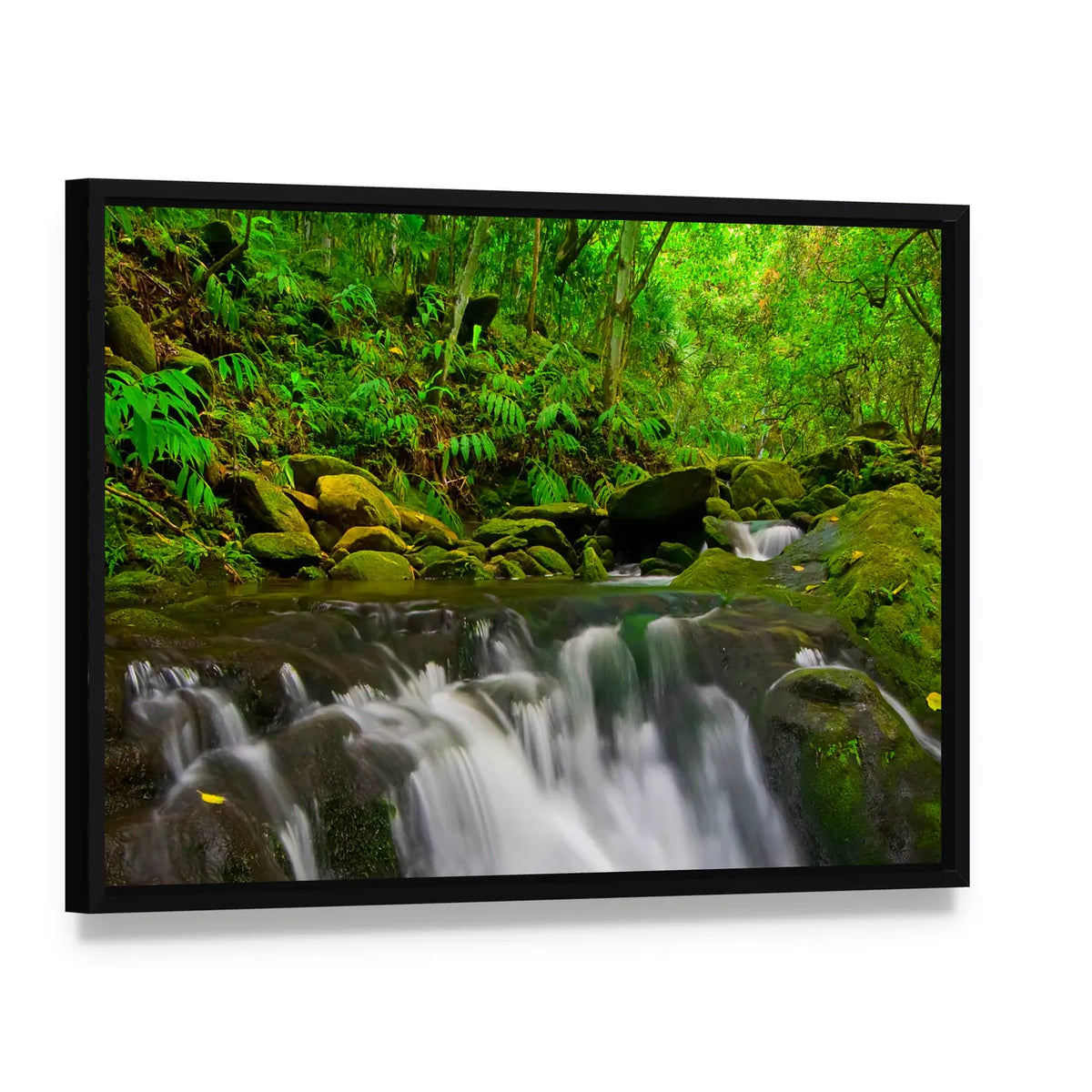 Stream Flowing Through Lush Jungle In Maui Hawaii Canvas Wall Art, framed canvas in a black floater frame, angled product view