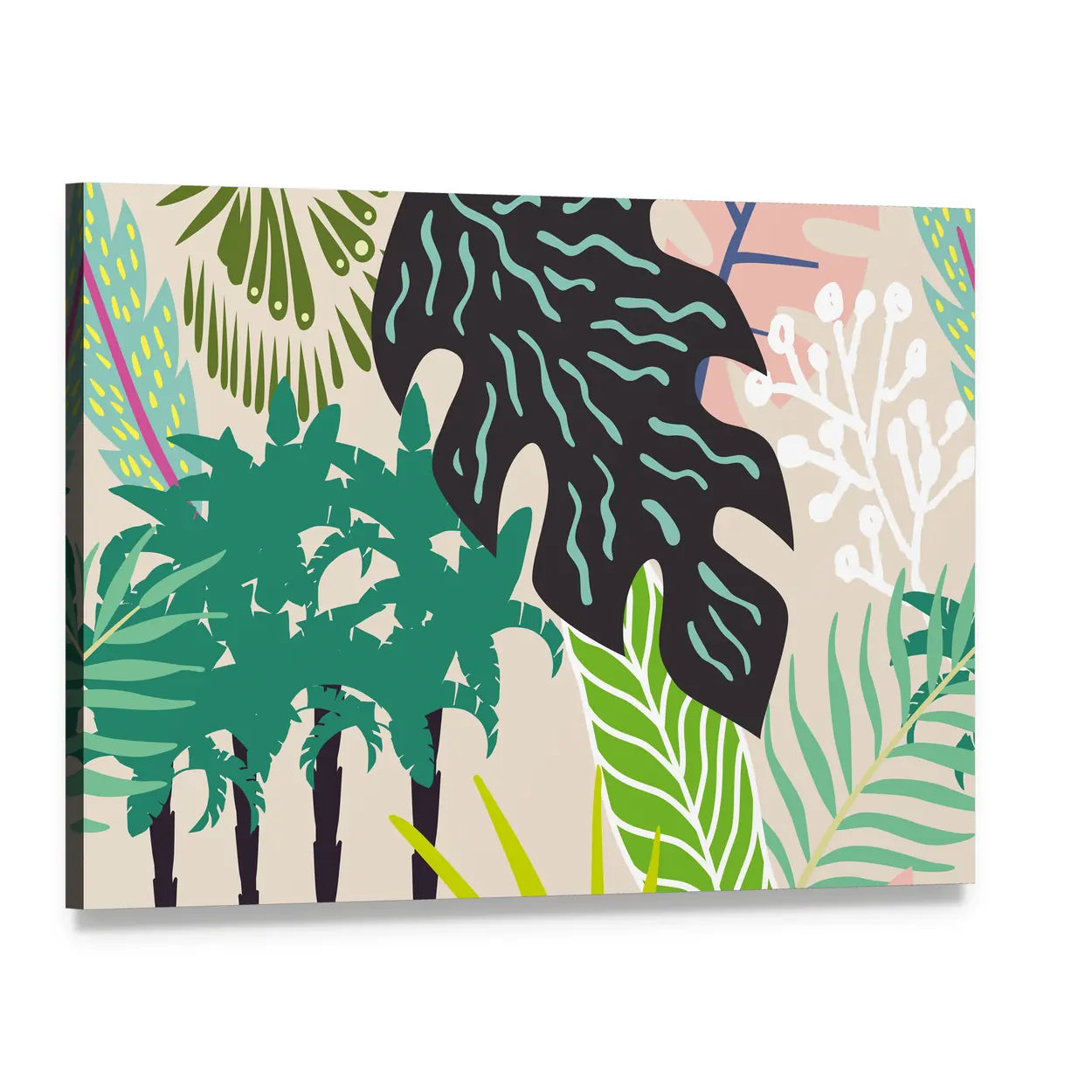 Abstract Palm Leaves Collage Canvas Wall Art, single panel gallery wrapped canvas, angled product view