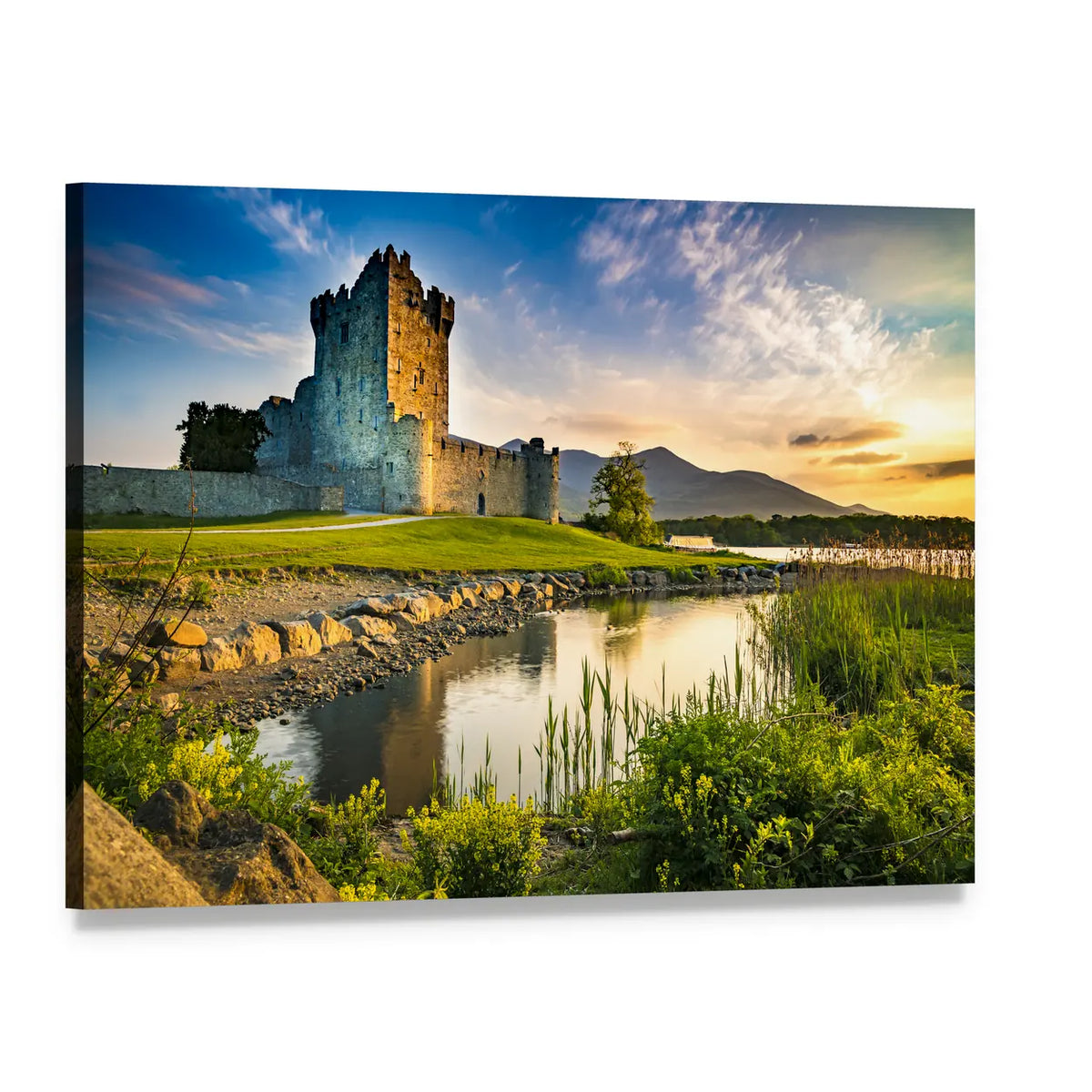 Ross Castle at Sunset Canvas Wall Art, single panel gallery wrapped canvas, angled product view
