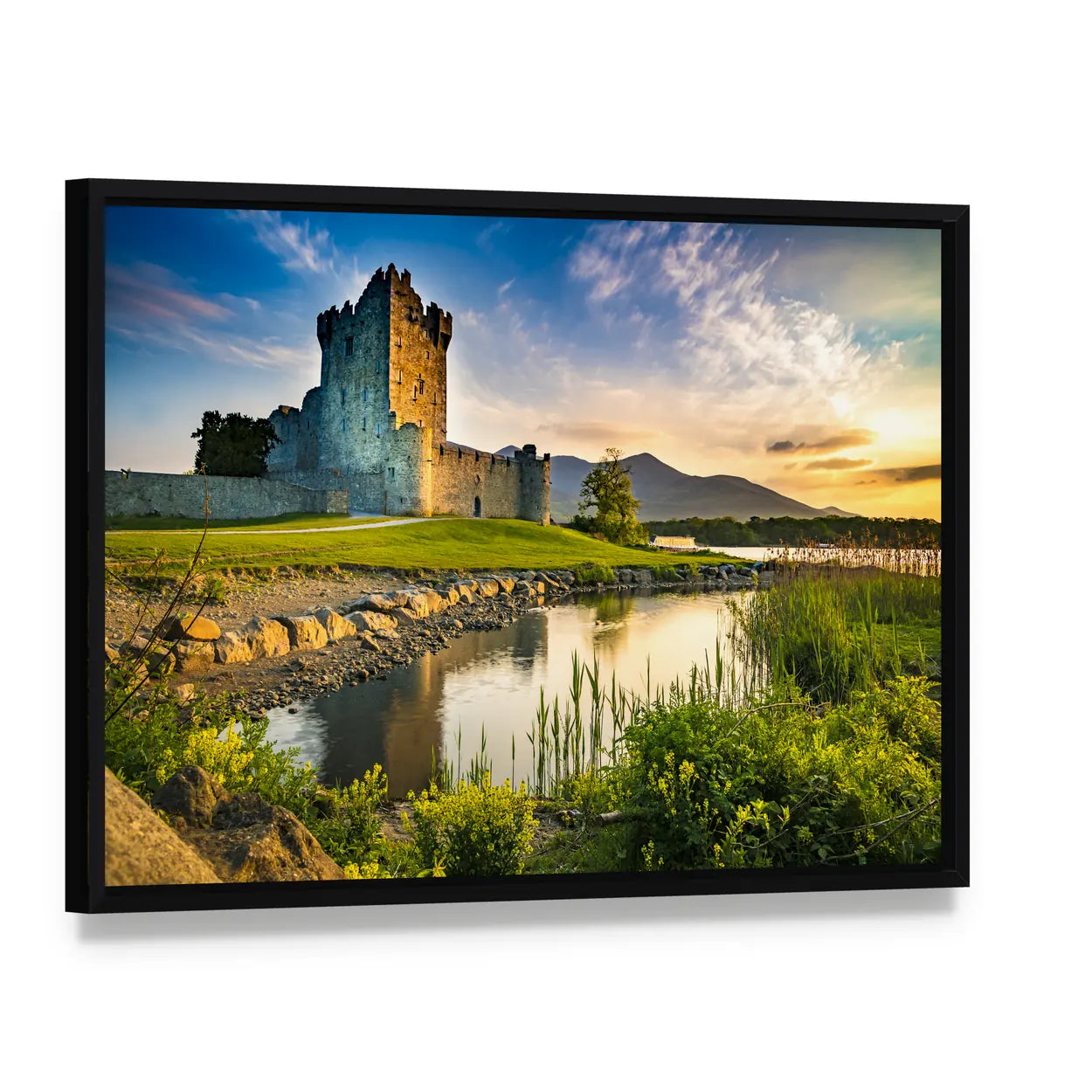 Ross Castle at Sunset Canvas Wall Art, framed canvas in a black floater frame, angled product view