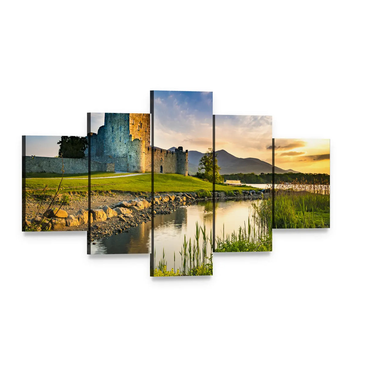 Ross Castle at Sunset Canvas Wall Art, 5 panel 5 Star layout gallery wrapped canvas set, angled product view