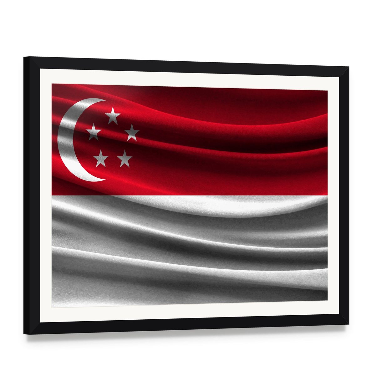 Singapore Flag with Crescent and Stars Canvas Wall Art, framed print with white mat and black frame, angled product view