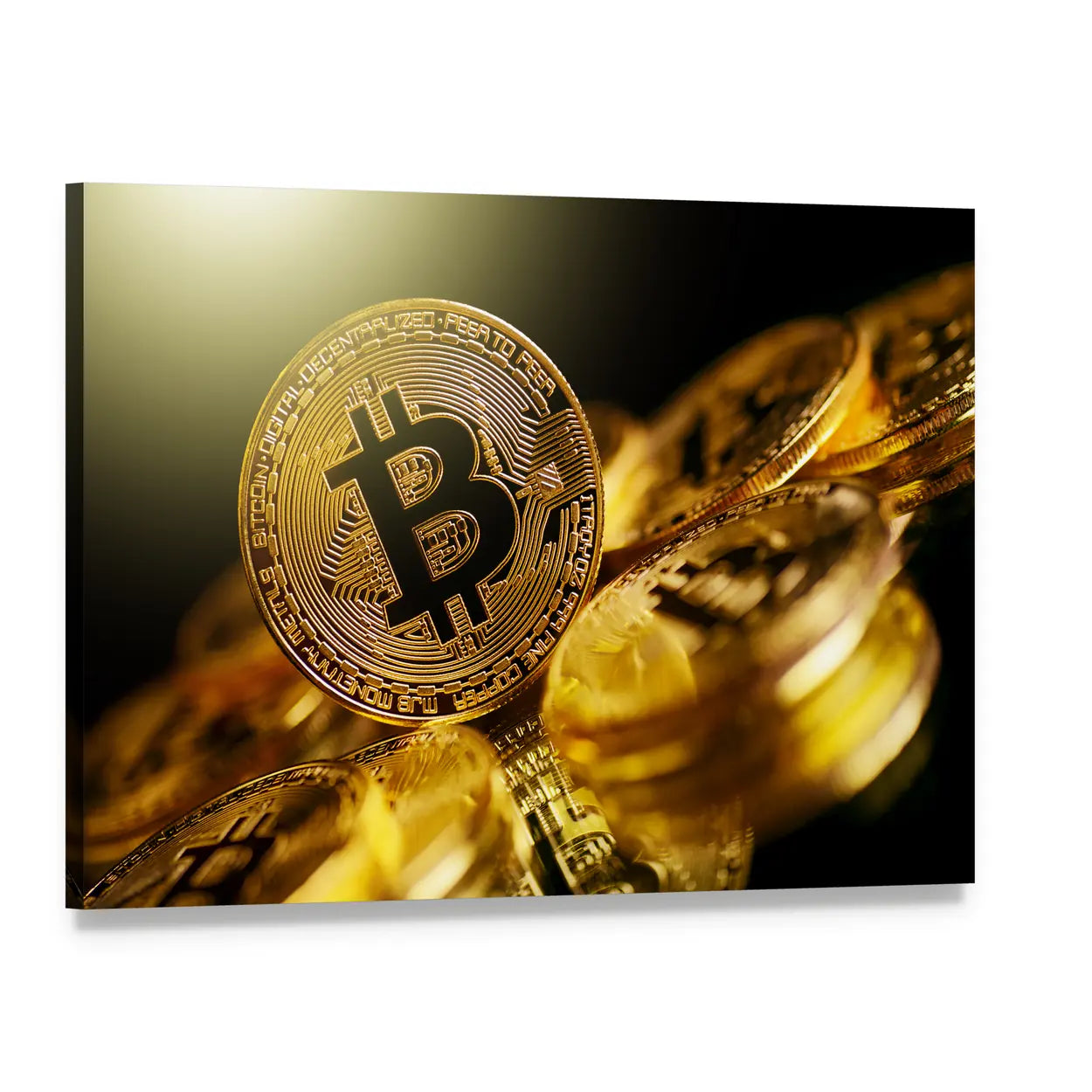 Macro Bitcoin Coin Photography Canvas Wall Art, single panel gallery wrapped canvas, angled product view