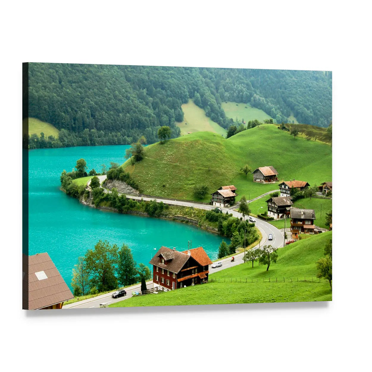 Lake Brienz Spring Landscape Canvas Wall Art, single panel gallery wrapped canvas, angled product view
