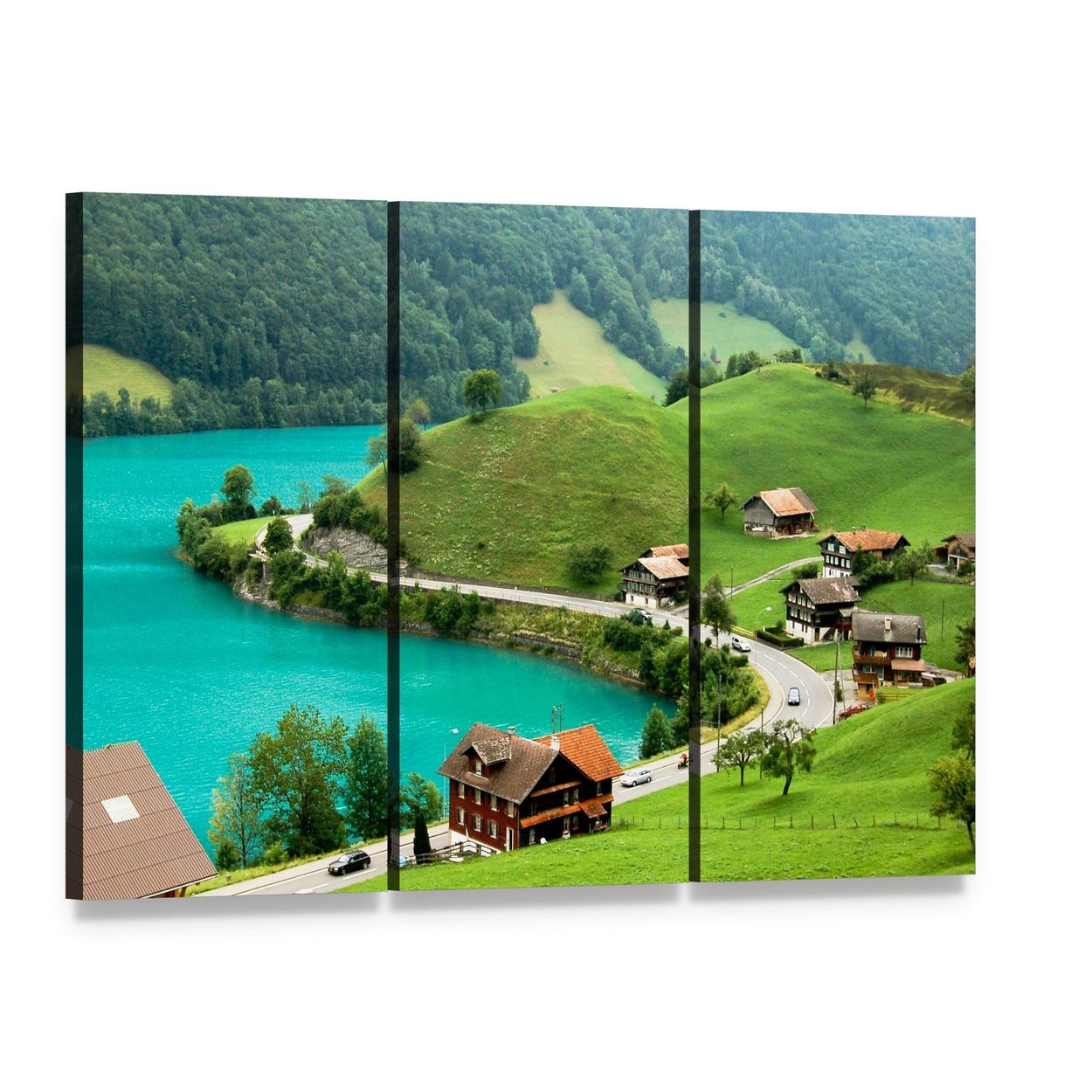 Lake Brienz in Spring Canvas Wall Art, 3 panel 3 Horizontal layout gallery wrapped canvas set, angled product view