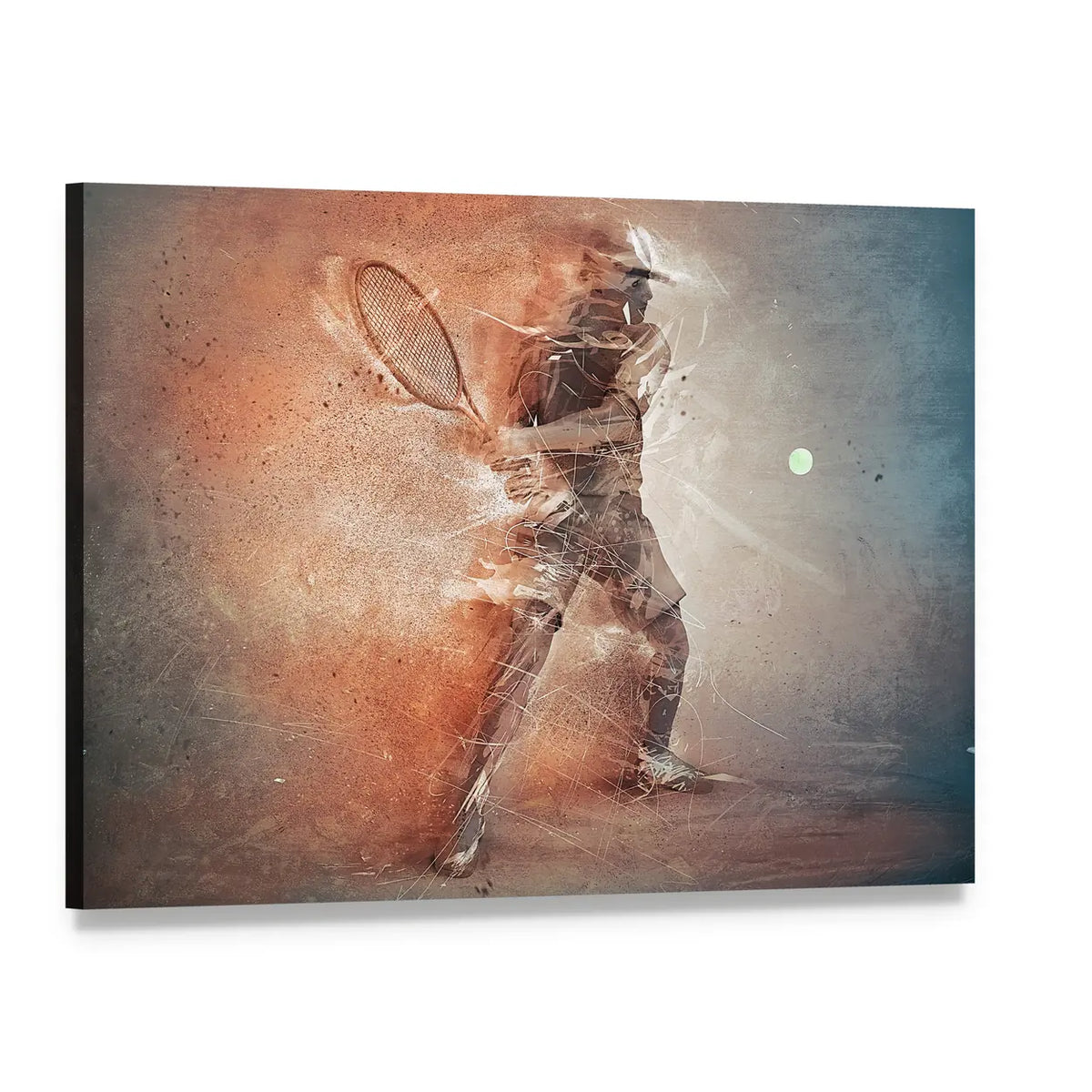 Dynamic Tennis Player Hitting Ball Canvas Wall Art, single panel gallery wrapped canvas, angled product view