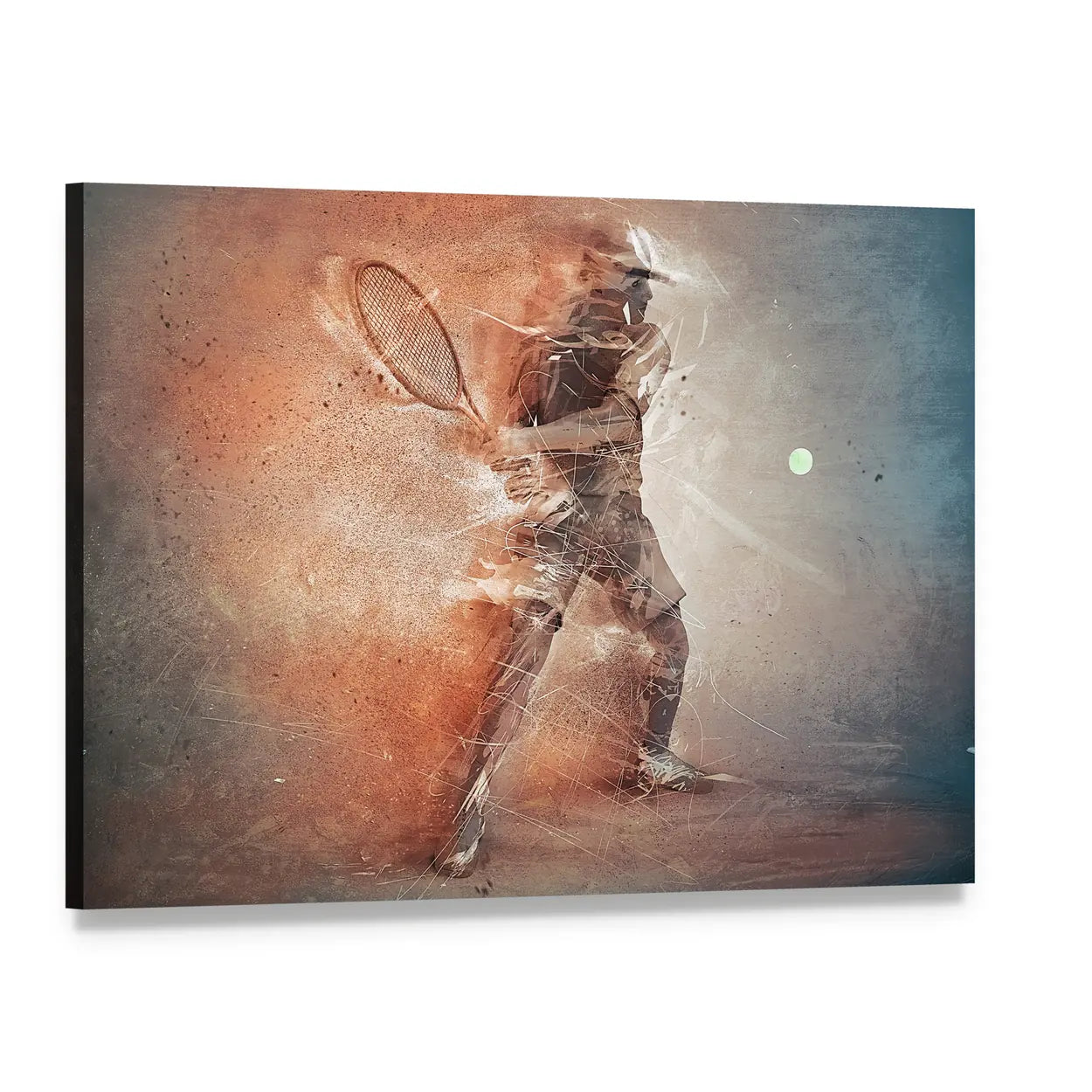 Dynamic Tennis Player Hitting Ball Canvas Wall Art, single panel gallery wrapped canvas, angled product view