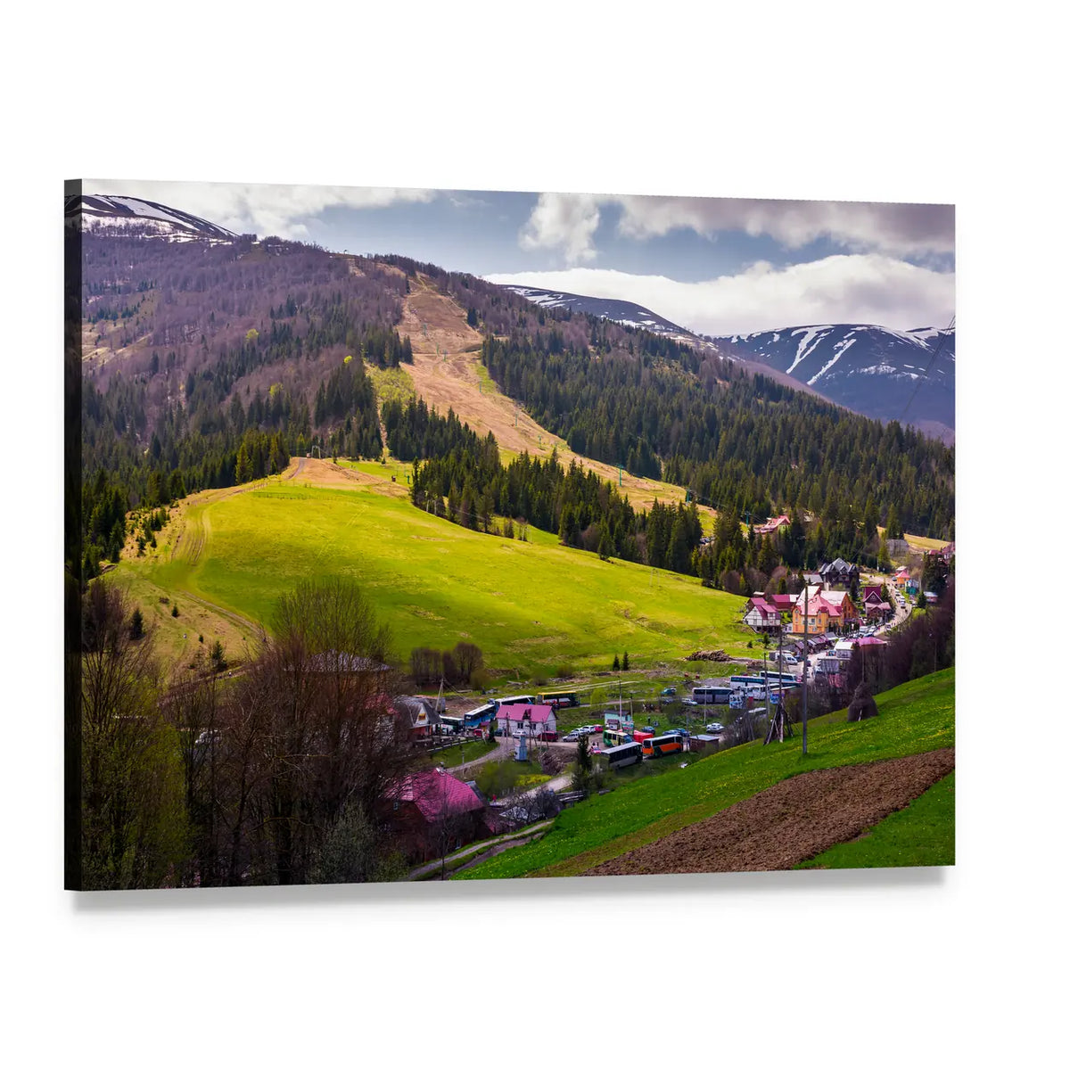 Carpathian Mountain Village in Spring Canvas Wall Art, single panel gallery wrapped canvas, angled product view