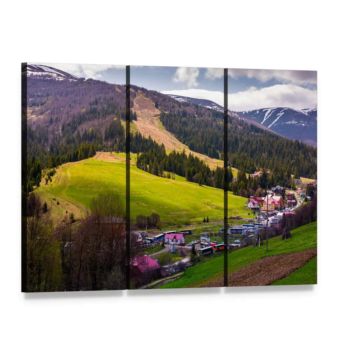 Carpathian Mountain Village in Spring Canvas Wall Art, 3 panel 3 Horizontal layout gallery wrapped canvas set, angled product view