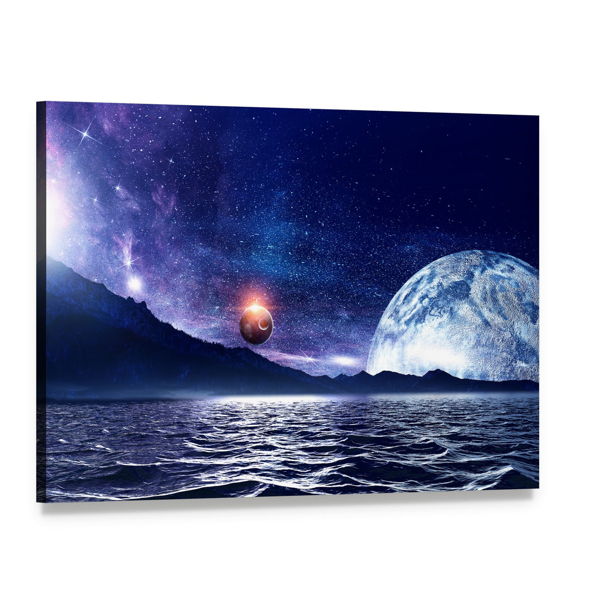 Glowing Planet Over Starry Sea Canvas Wall Art, single panel gallery wrapped canvas, angled product view