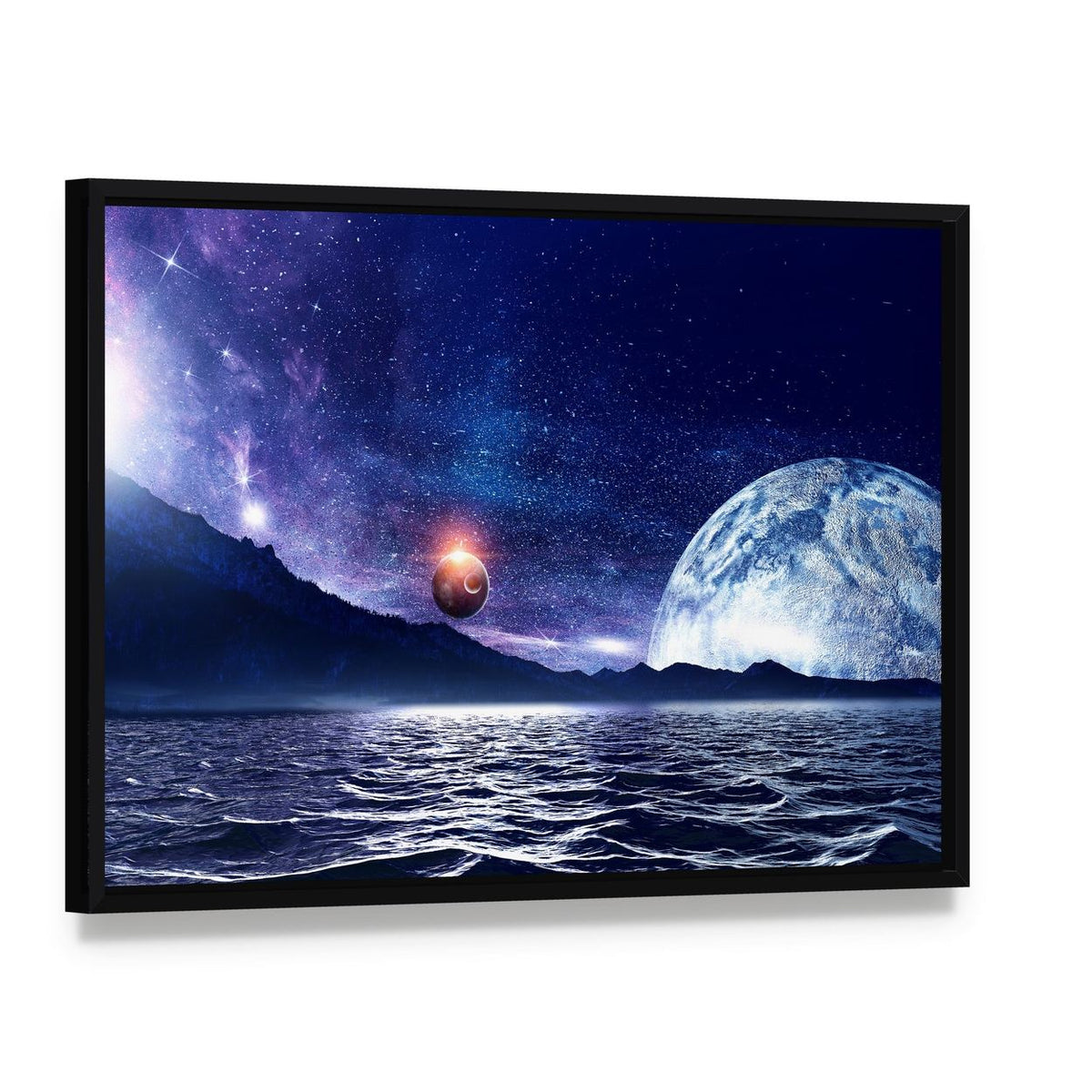Glowing Planet Over Starry Sea Canvas Wall Art, framed canvas in a black floater frame, angled product view