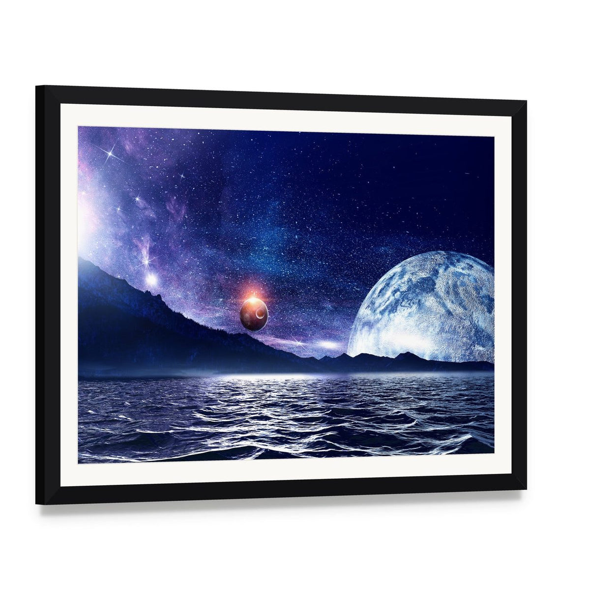 Glowing Planet Over Starry Sea Canvas Wall Art, framed print with white mat and black frame, angled product view