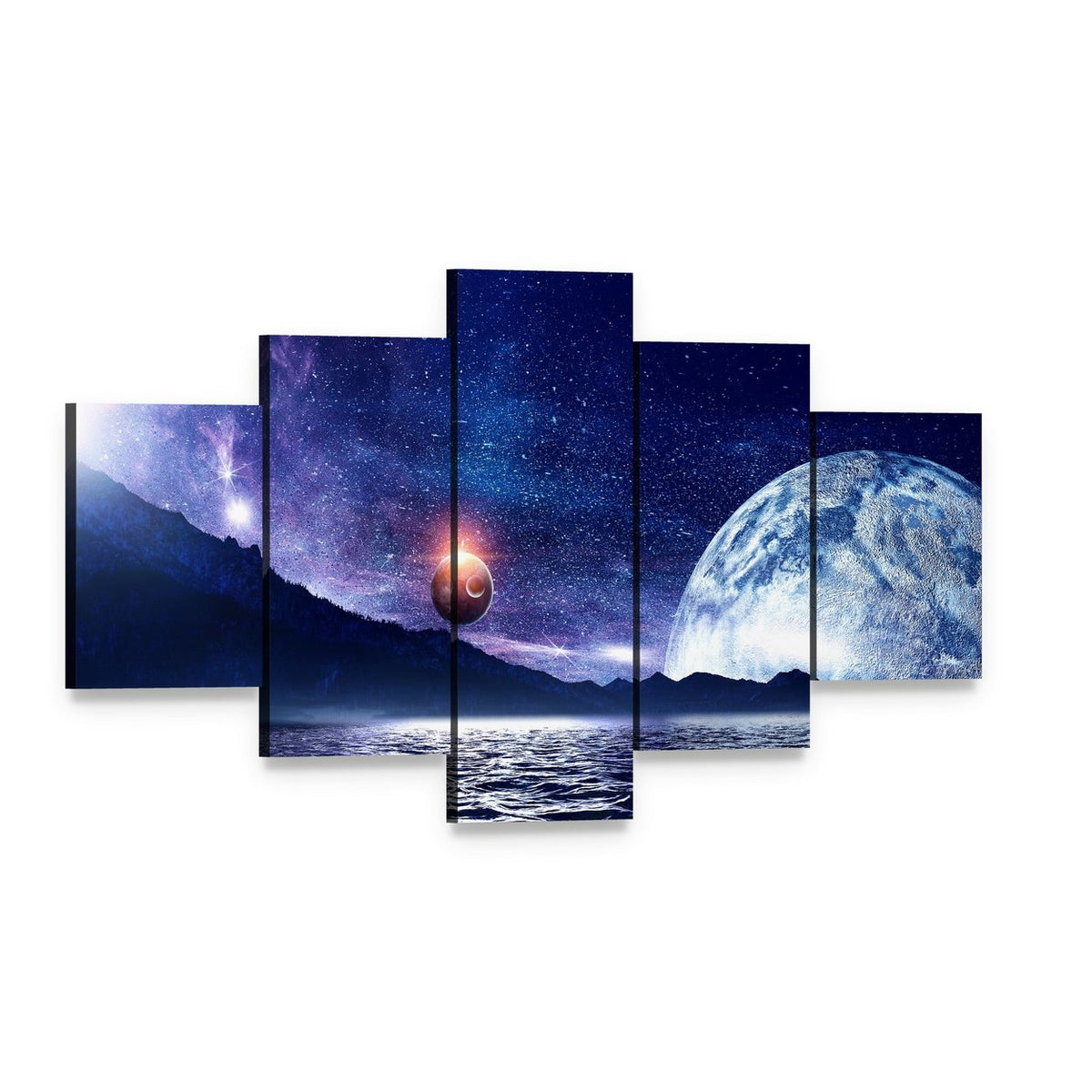 Glowing Planet Over Starry Sea Canvas Wall Art, 5 panel 5 Star layout gallery wrapped canvas set, angled product view