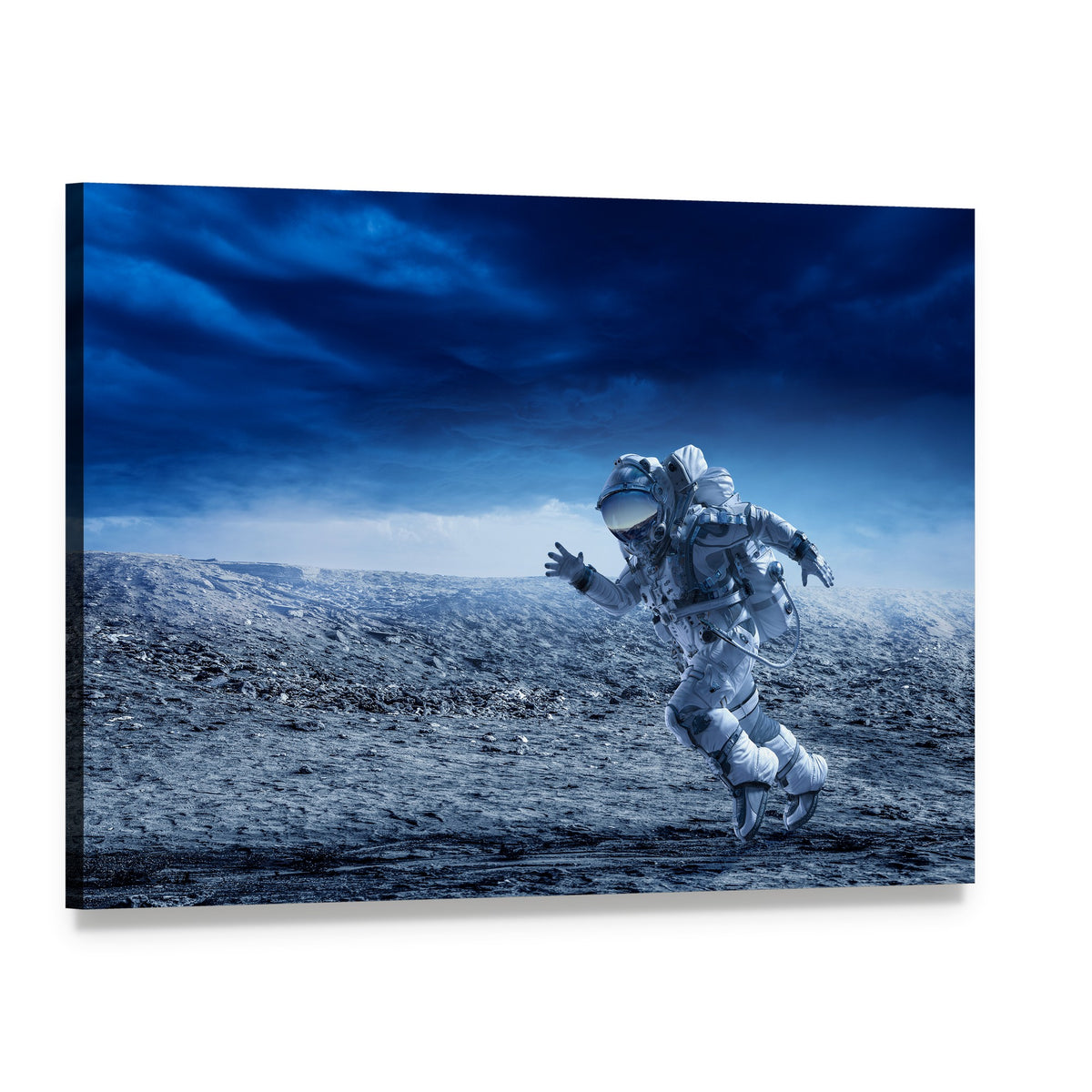 Astronaut Running on Planet Surface Canvas Wall Art, single panel gallery wrapped canvas, angled product view