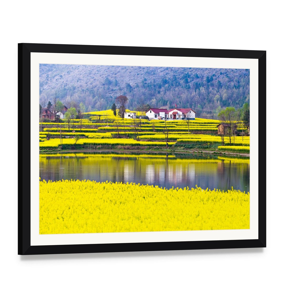 Rural Spring Scenery Canvas Wall Art, framed print with white mat and black frame, angled product view