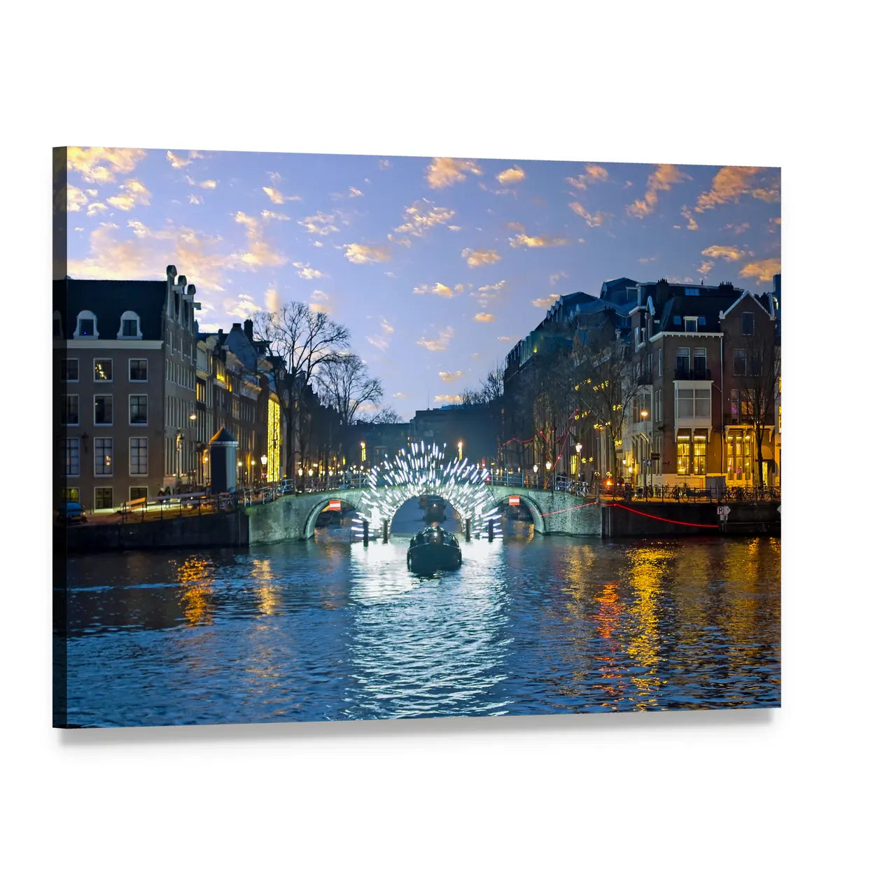 Amsterdam Canal Lights at Night Canvas Wall Art, single panel gallery wrapped canvas, angled product view