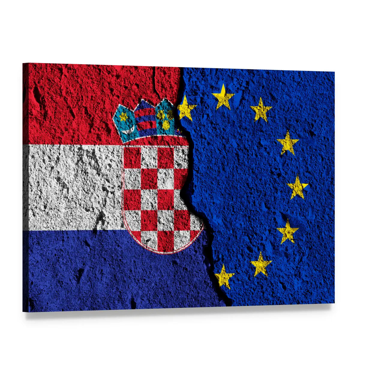 European Union and Croatia Flags Canvas Wall Art, single panel gallery wrapped canvas, angled product view