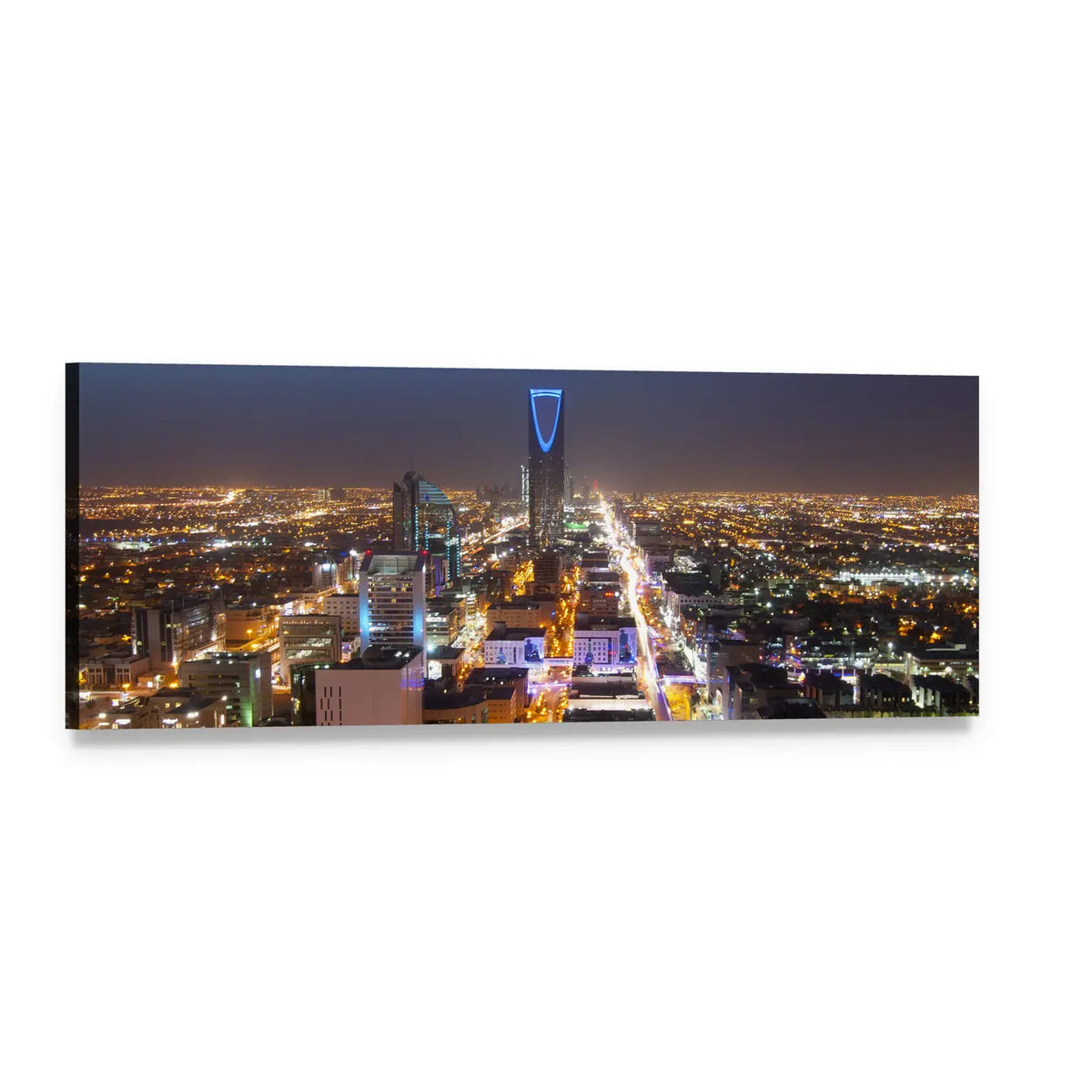 Riyadh Skyline at Night Panoramic Canvas Wall Art, single panel gallery wrapped canvas, angled product view
