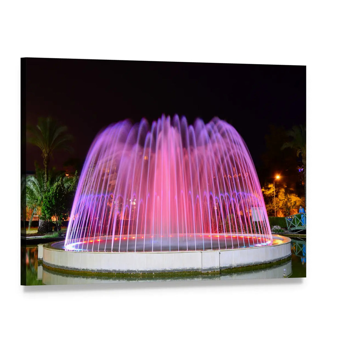 Led Fountain with Pink and Purple Lights Canvas Wall Art, single panel gallery wrapped canvas, angled product view