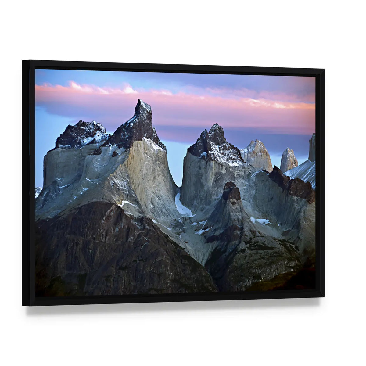 Torres Del Paine Mountain Peaks at Sunrise Canvas Wall Art, framed canvas in a black floater frame, angled product view