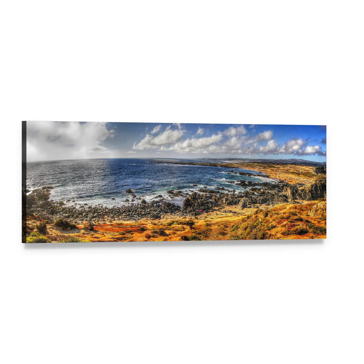 Coastal Shoreline with Ocean Waves Panoramic Canvas Wall Art, single panel gallery wrapped canvas, angled product view