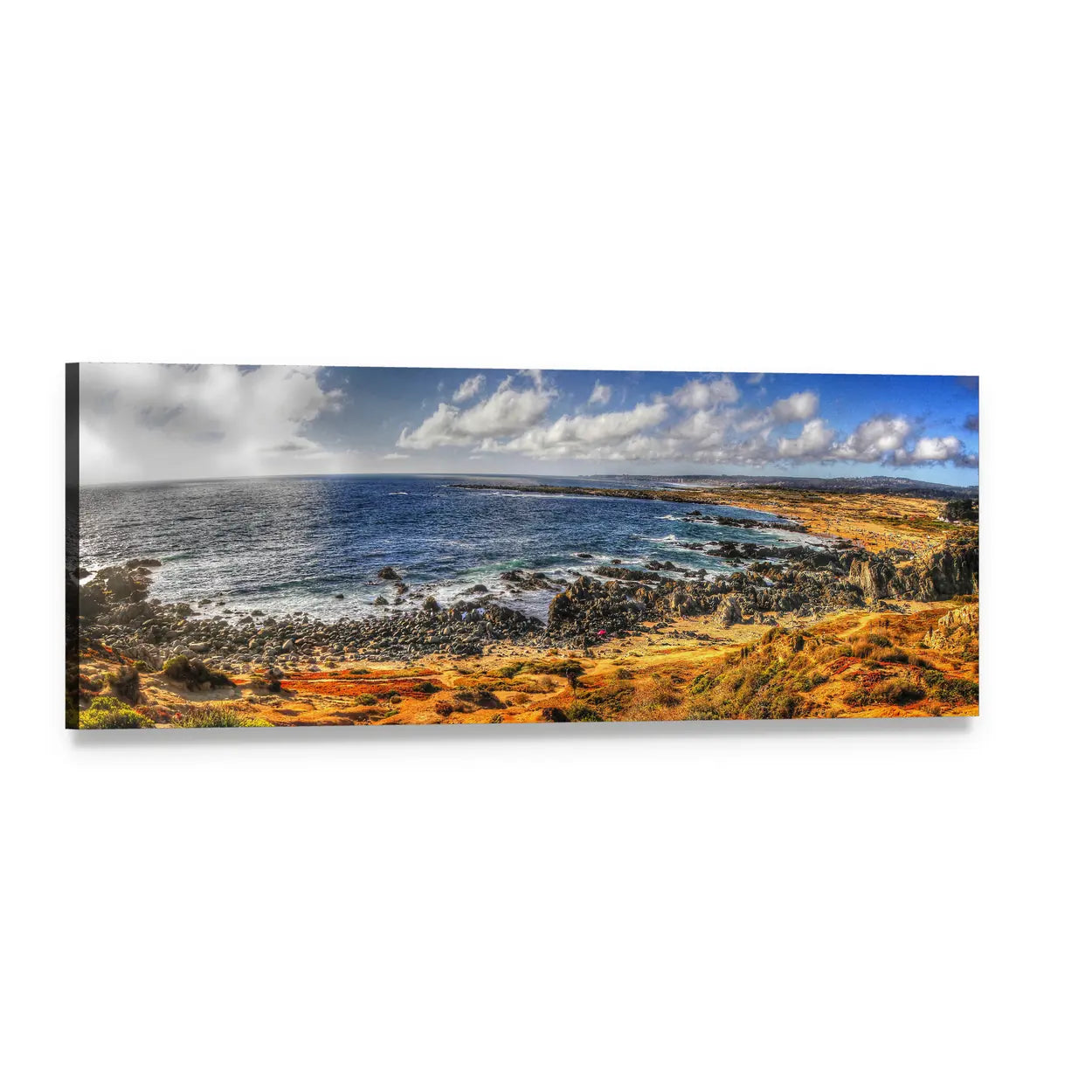 Coastal Shoreline with Ocean Waves Panoramic Canvas Wall Art, single panel gallery wrapped canvas, angled product view