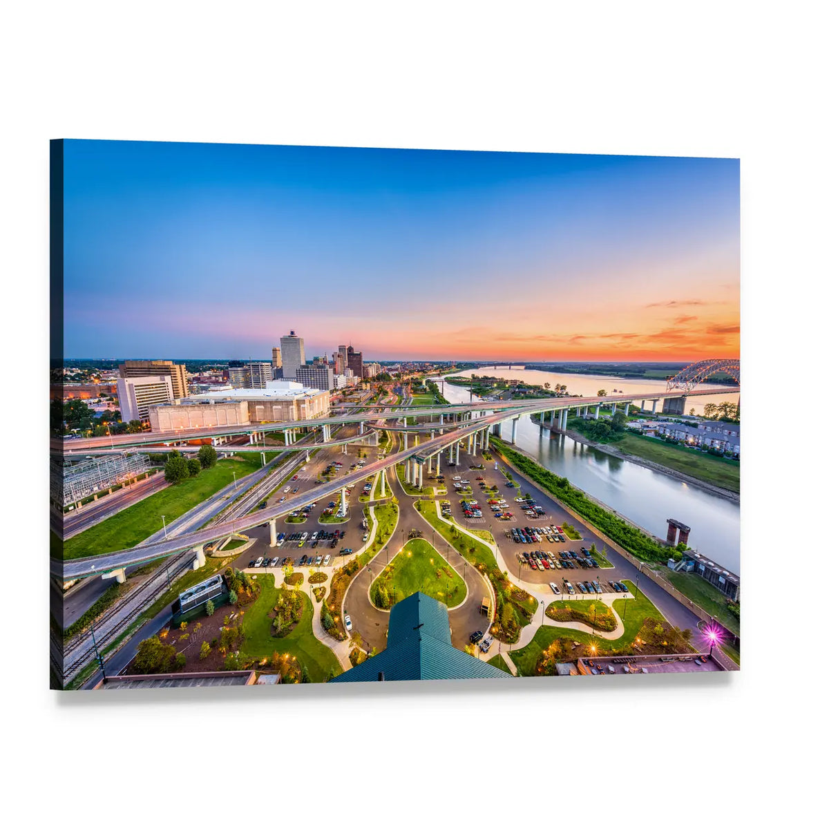Mud Island Aerial View at Dusk Canvas Wall Art, single panel gallery wrapped canvas, angled product view