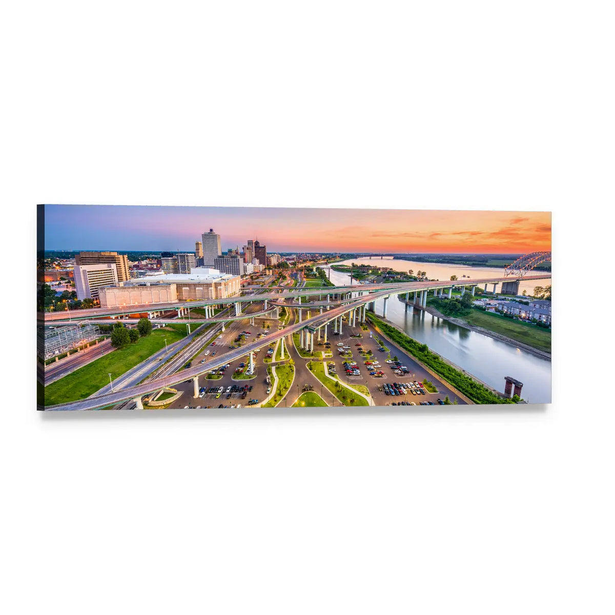 Mud Island Aerial Cityscape at Sunset Panoramic Canvas Wall Art, single panel gallery wrapped canvas, angled product view
