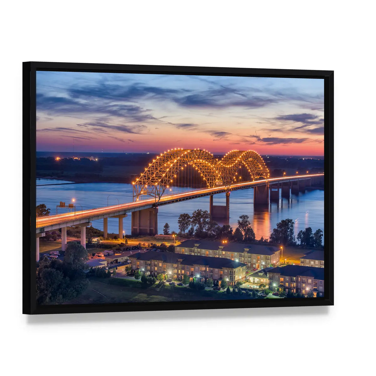 Hernando De Soto Bridge at Sunset Canvas Wall Art, framed canvas in a black floater frame, angled product view