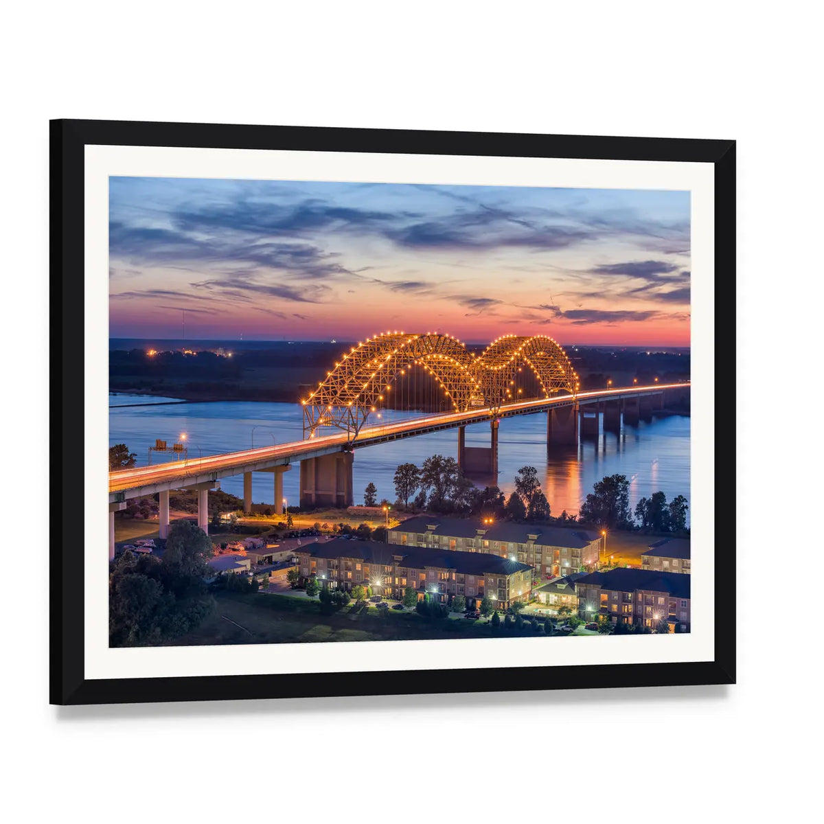 Hernando De Soto Bridge at Sunset Canvas Wall Art, framed print with white mat and black frame, angled product view