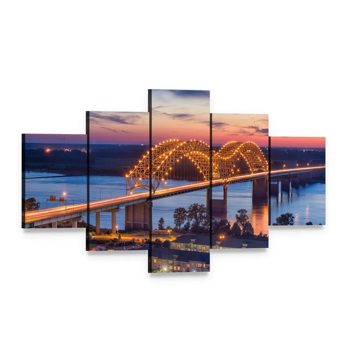 Hernando De Soto Bridge at Sunset Canvas Wall Art, 5 panel 5 Star layout gallery wrapped canvas set, angled product view