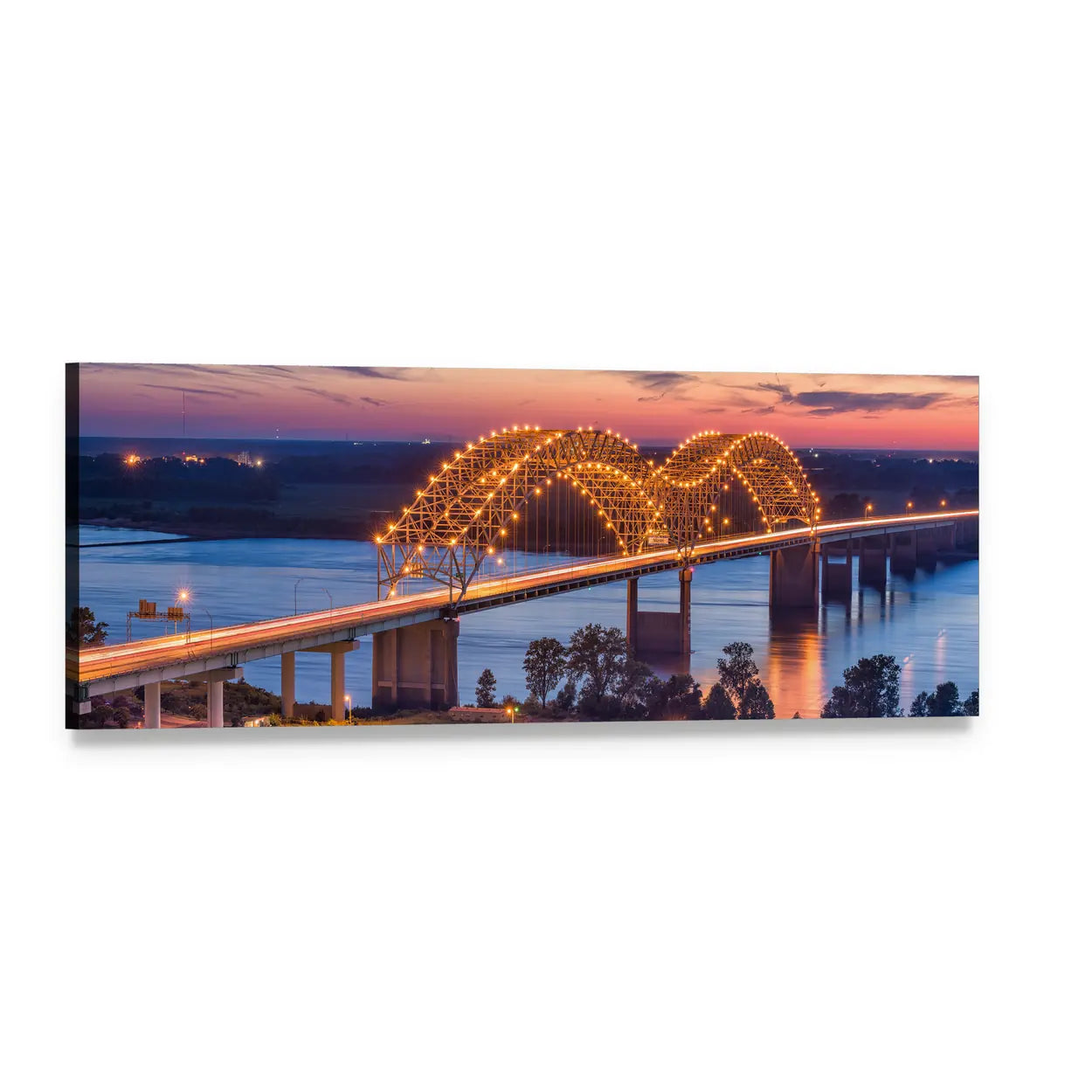 Hernando De Soto Bridge at Sunset Panoramic Canvas Wall Art, single panel gallery wrapped canvas, angled product view