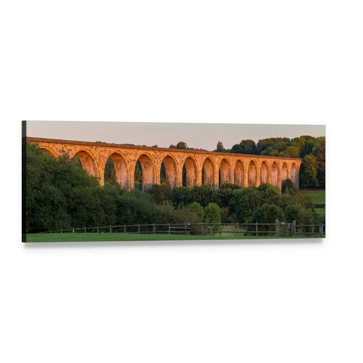 Cefn Mawr Viaduct at Sunset Panoramic Canvas Wall Art, single panel gallery wrapped canvas, angled product view