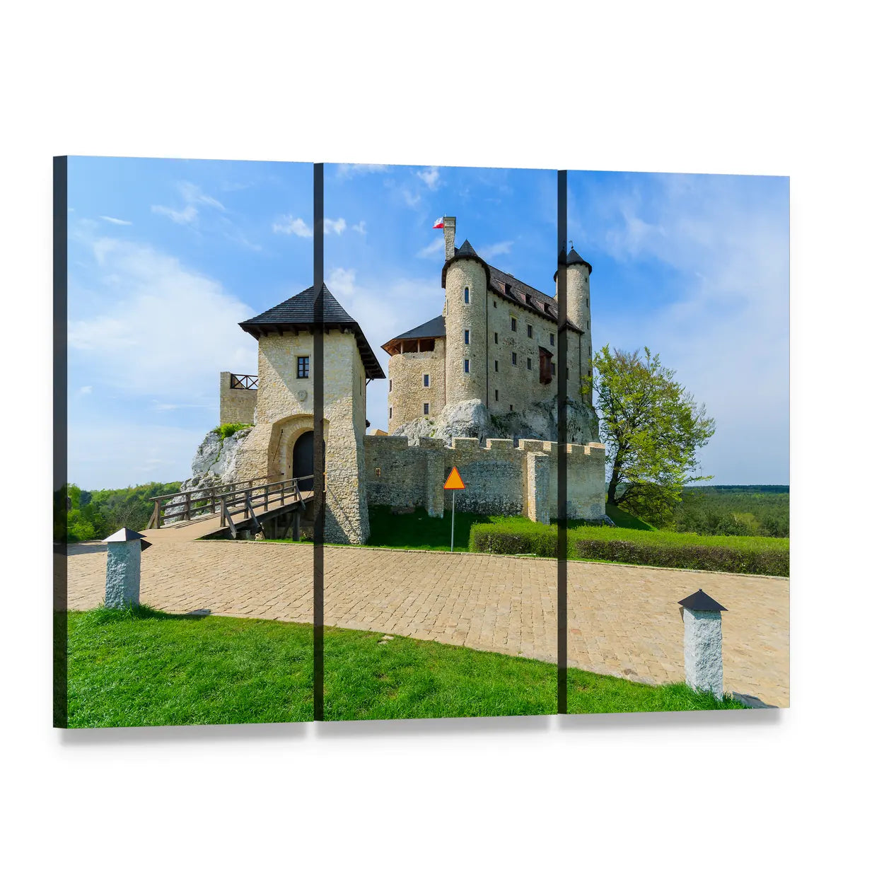 Bobolice Castle Canvas Wall Art, 3 panel 3 Horizontal layout gallery wrapped canvas set, angled product view
