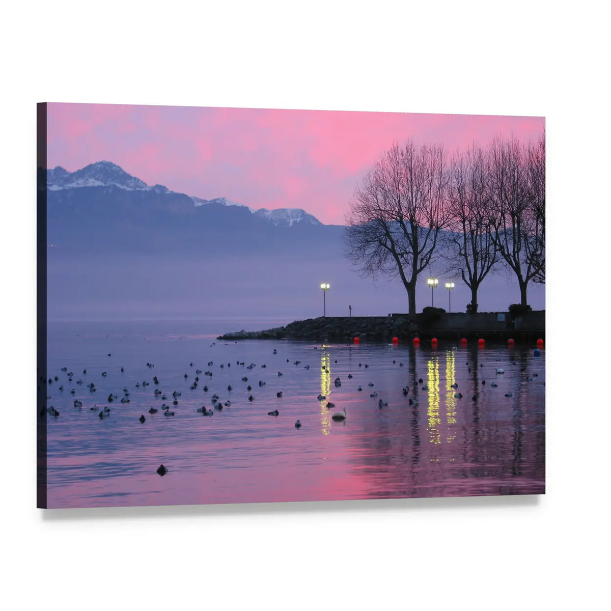Sunset On Lake Geneva Canvas Wall Art, single panel gallery wrapped canvas, angled product view