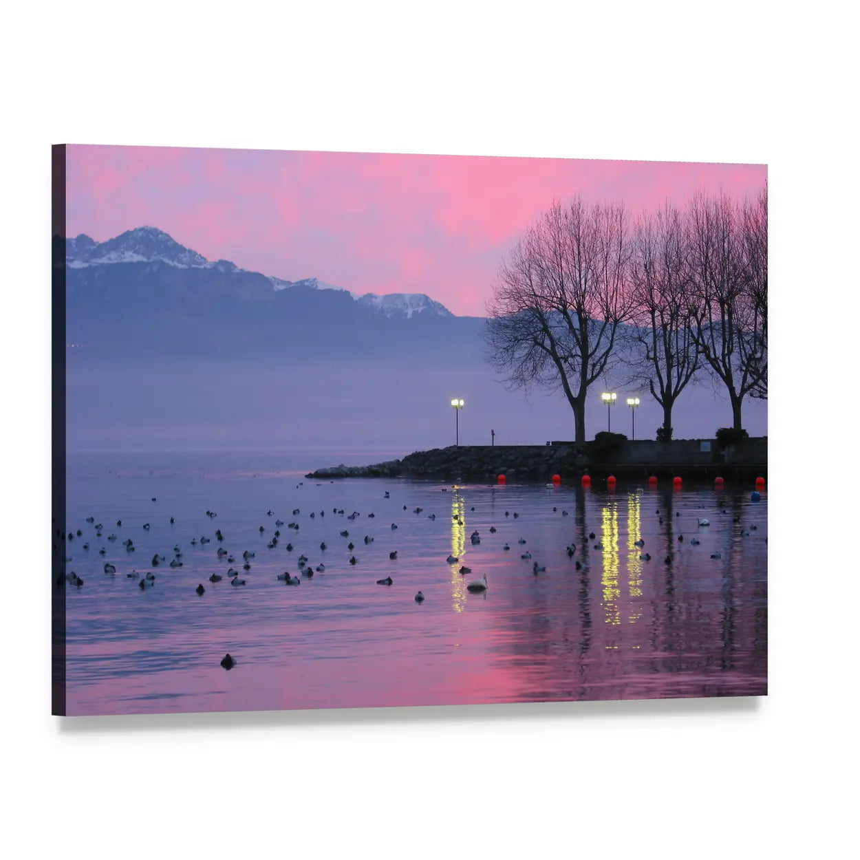 Sunset On Lake Geneva Canvas Wall Art, single panel gallery wrapped canvas, angled product view