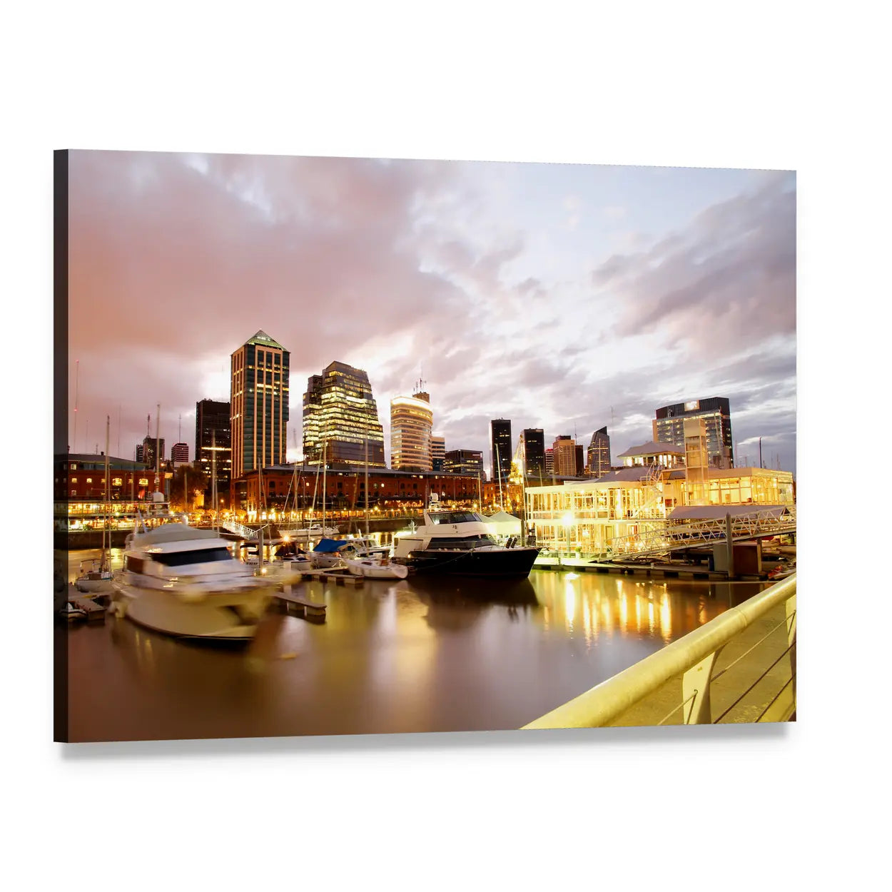 Puerto Madero Evening Skyline Canvas Wall Art, single panel gallery wrapped canvas, angled product view