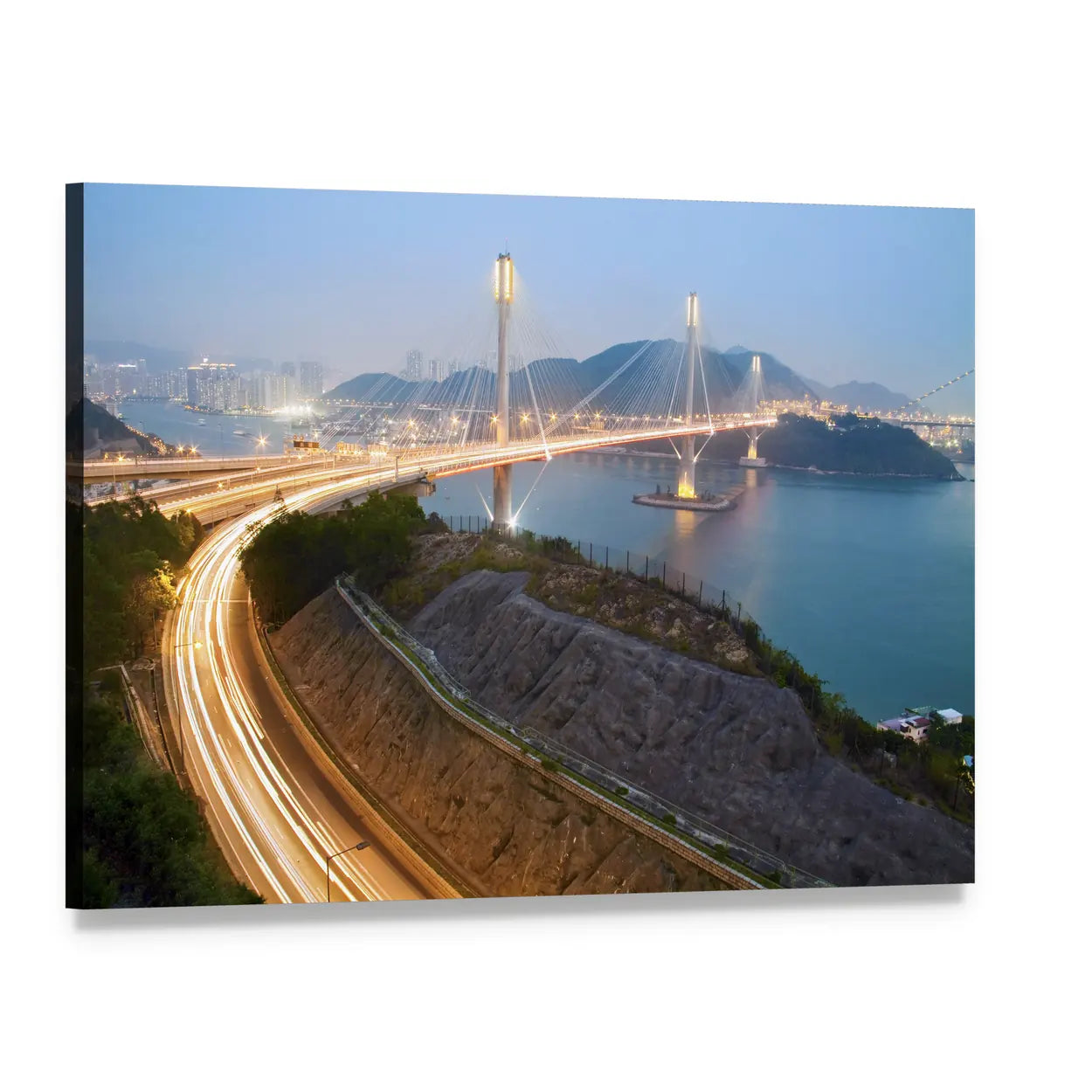 Ting Kau Bridge Night Lights Hong Kong Canvas Wall Art, single panel gallery wrapped canvas, angled product view