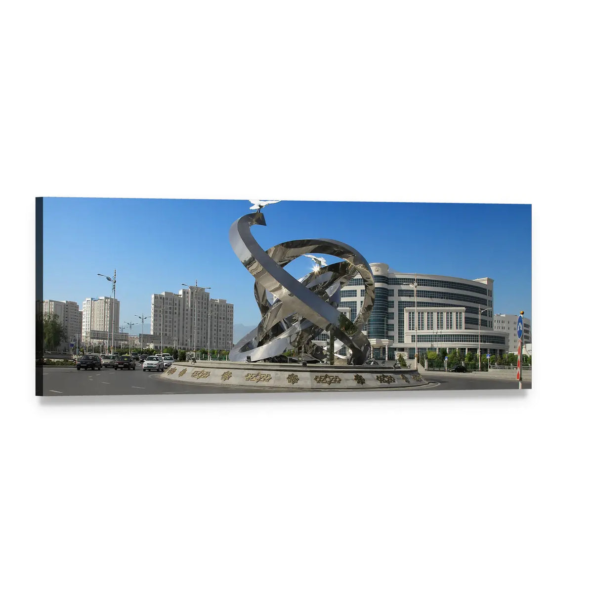 Ashgabat Cityscape with Loop Sculpture Panoramic Canvas Wall Art, single panel gallery wrapped canvas, angled product view