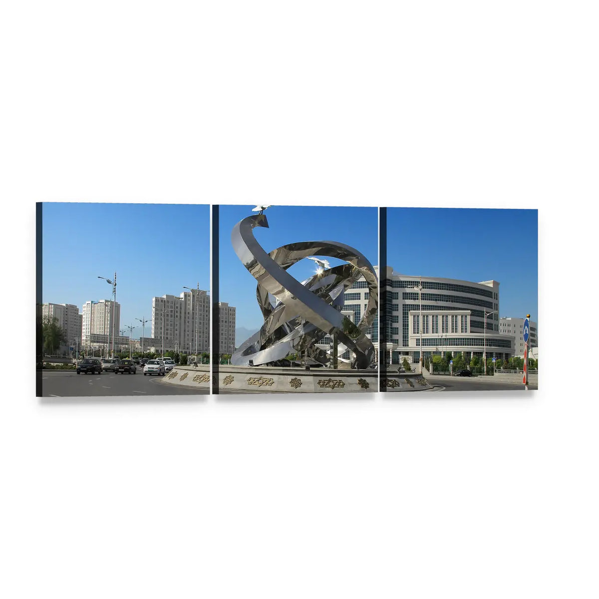 Ashgabat Cityscape with Loop Sculpture Panoramic Canvas Wall Art, 3 panel 3 Piece layout gallery wrapped canvas set, angled product view