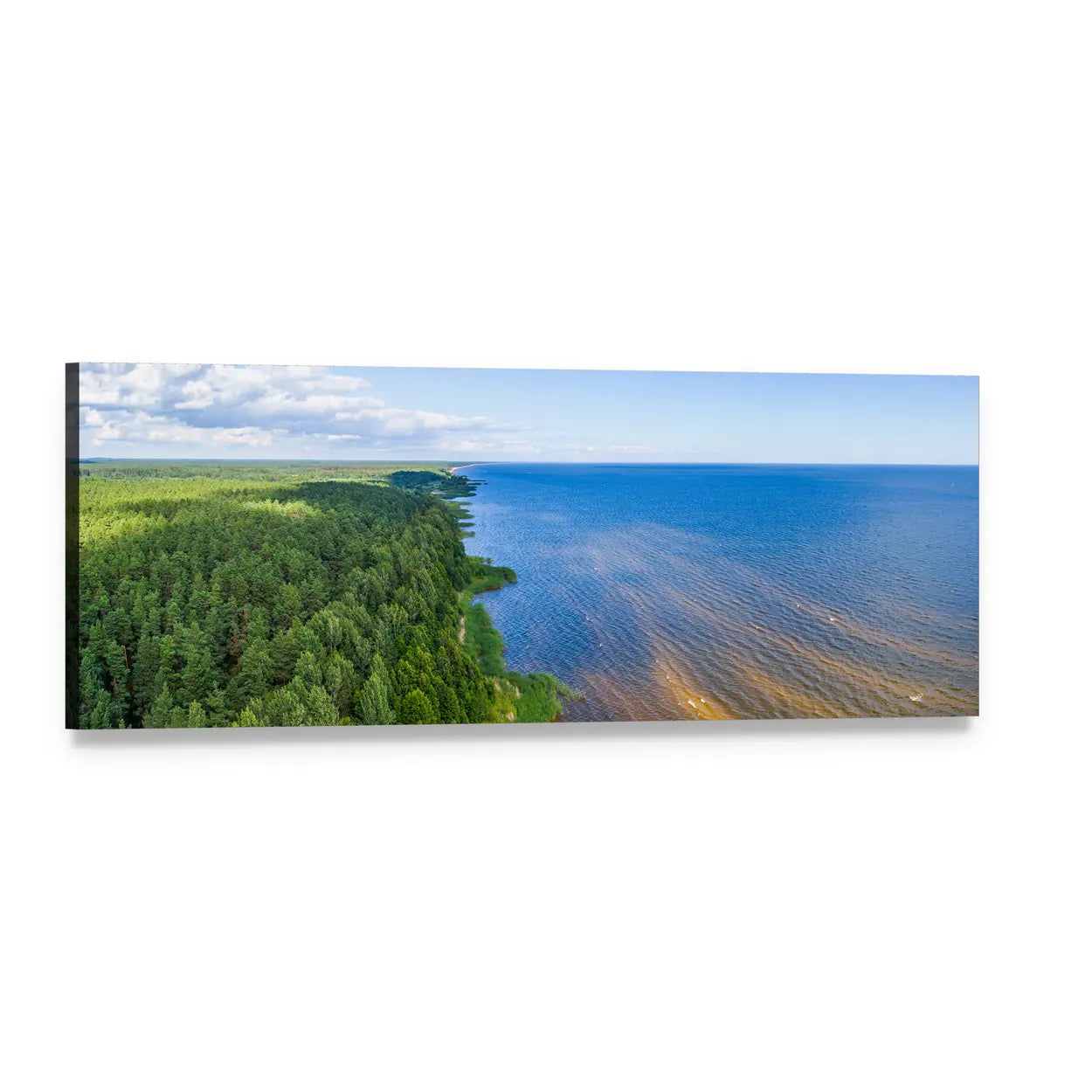 Estonian Lake and Forest Panoramic Canvas Wall Art, single panel gallery wrapped canvas, angled product view