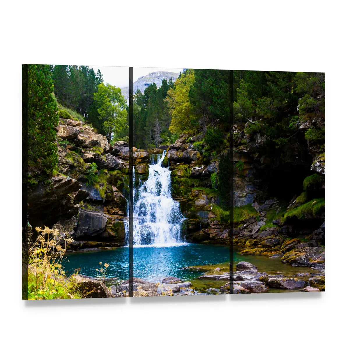 Waterfall in Monter Perdido Spain Canvas Wall Art, 3 panel 3 Horizontal layout gallery wrapped canvas set, angled product view