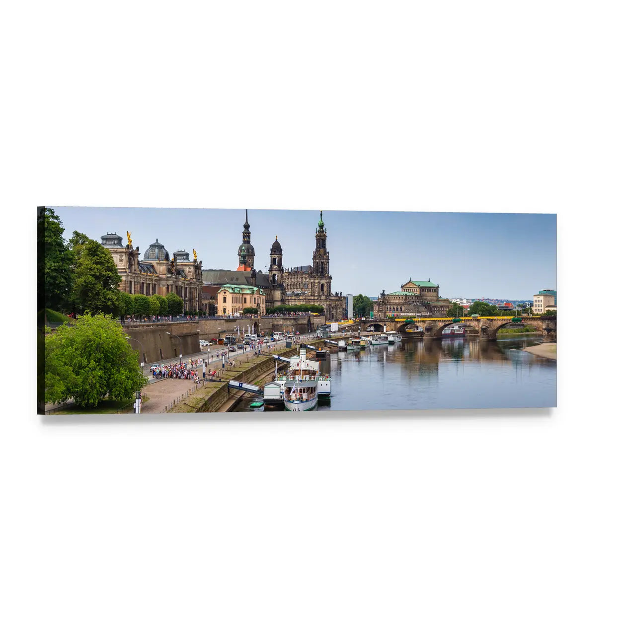 Dresden Elbe River Embankment Panoramic Canvas Wall Art, single panel gallery wrapped canvas, angled product view