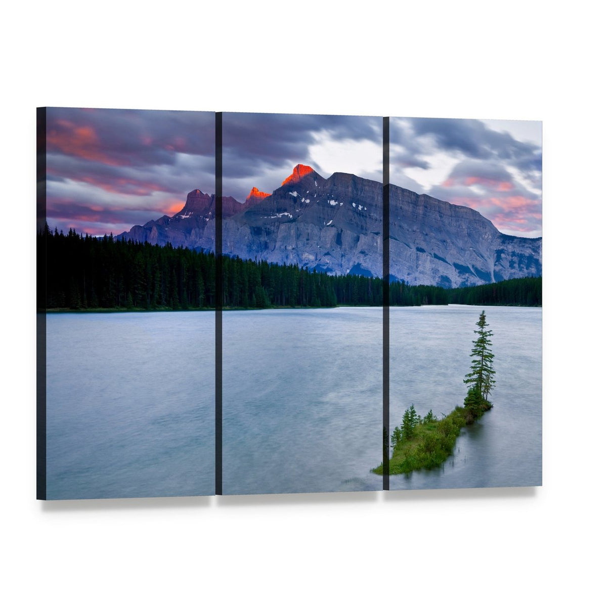 Mount Rundle and Lake Canvas Wall Art, 3 panel 3 Horizontal layout gallery wrapped canvas set, angled product view