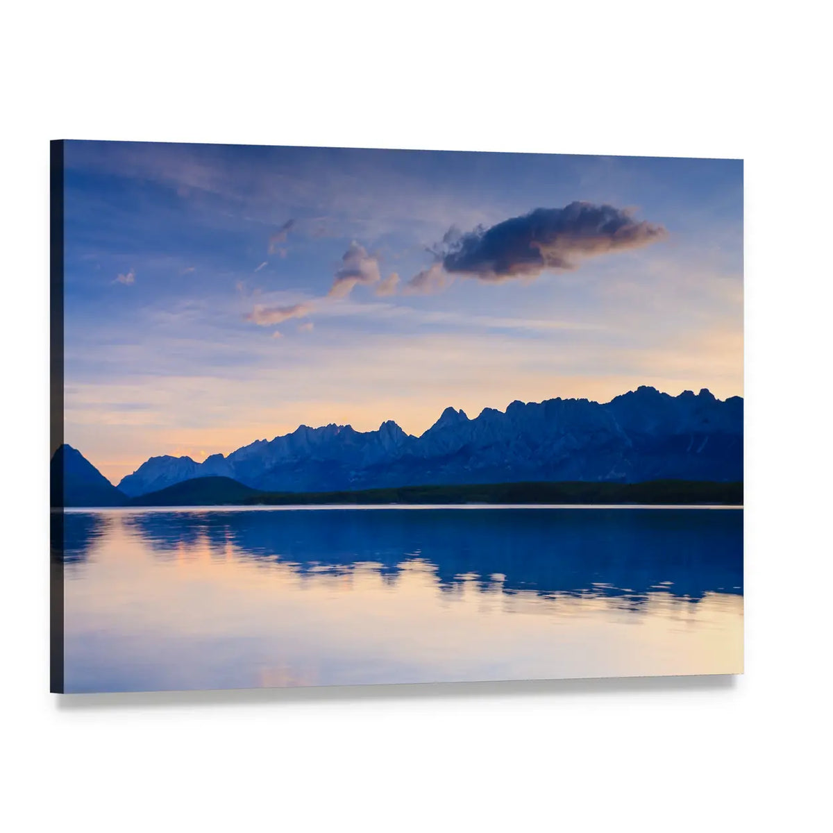 Lower Kananaskis Lake Sunrise Canvas Wall Art, single panel gallery wrapped canvas, angled product view