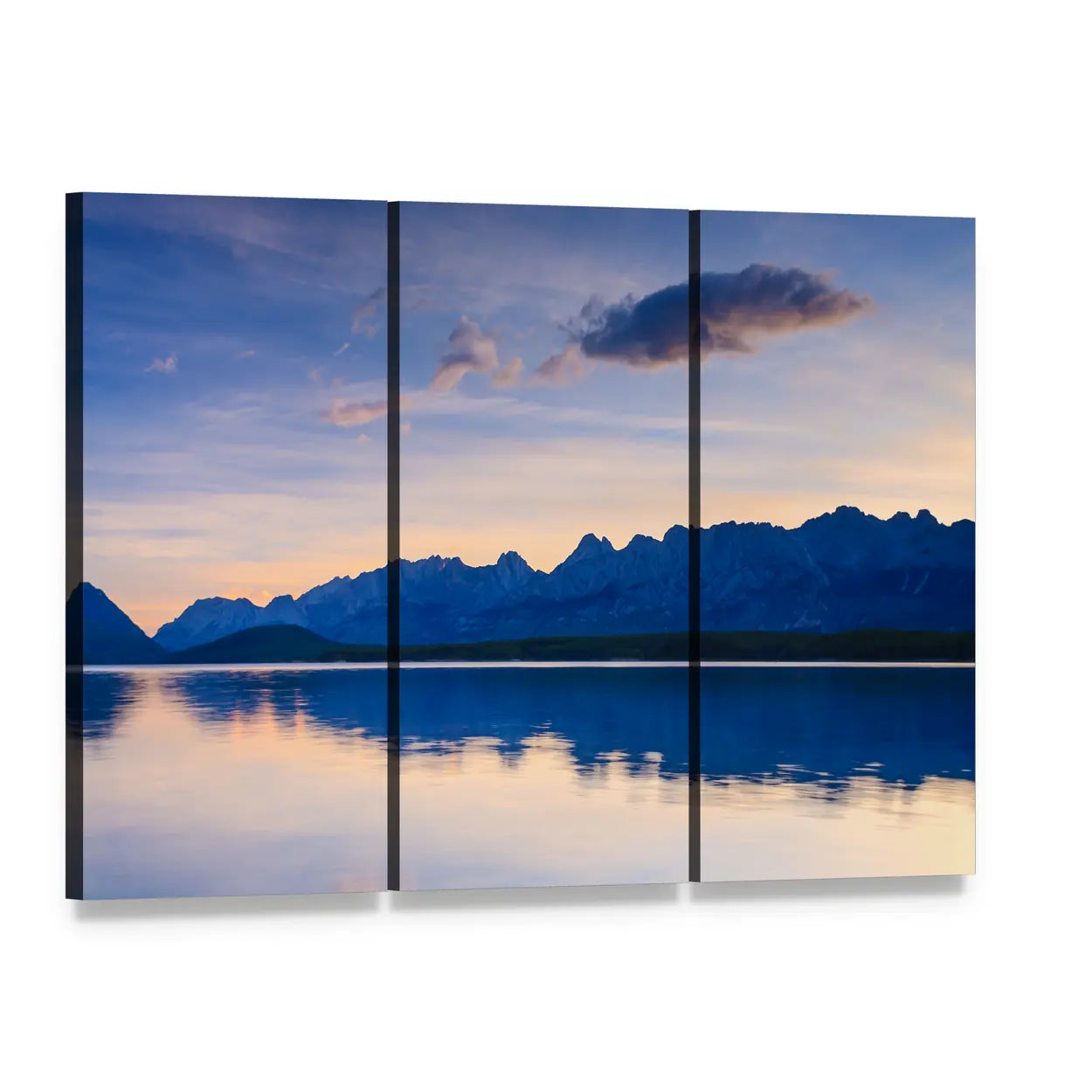 Lower Kananaskis Lake Sunrise Canvas Wall Art, 3 panel 3 Horizontal layout gallery wrapped canvas set, angled product view
