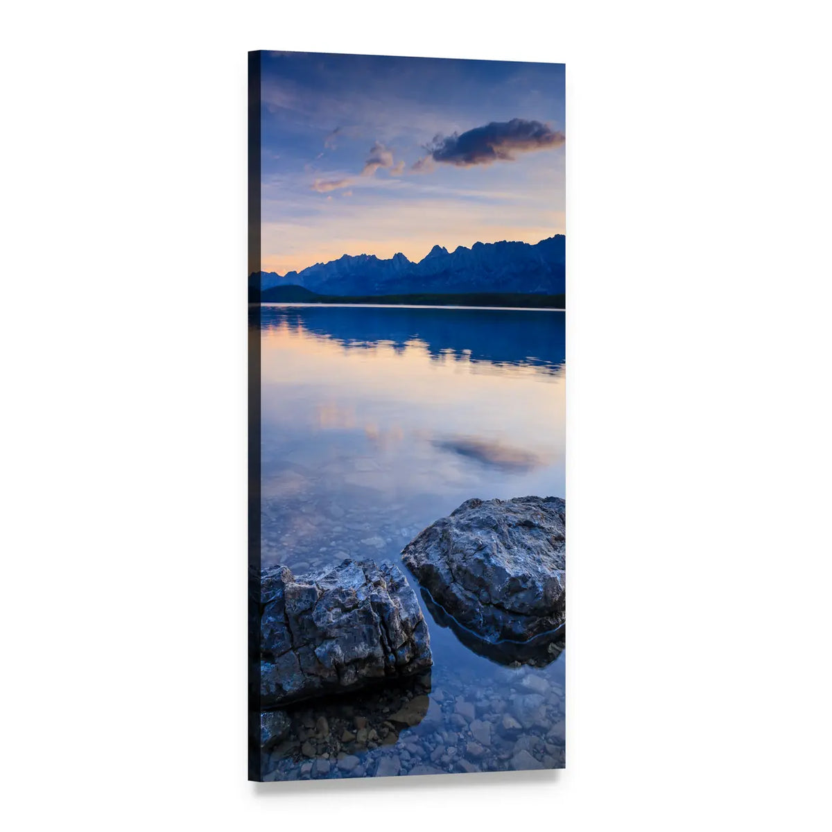 Sunrise Over Mountain Lake Vertical Canvas Wall Art, 1 panel 1 Vertical layout gallery wrapped canvas set, angled product view