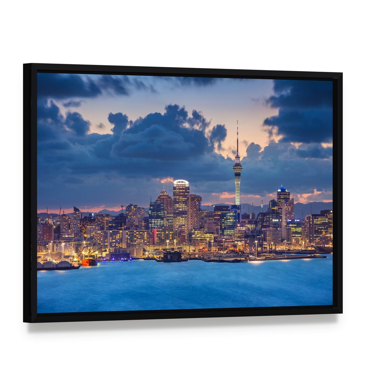 Auckland Skyline at Sunset Canvas Wall Art, framed canvas in a black floater frame, angled product view