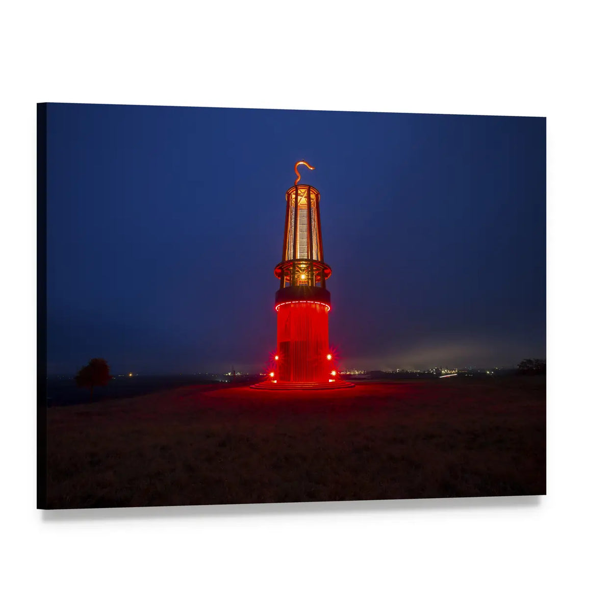 Lit Lighthouse on Dark Coast Canvas Wall Art, single panel gallery wrapped canvas, angled product view
