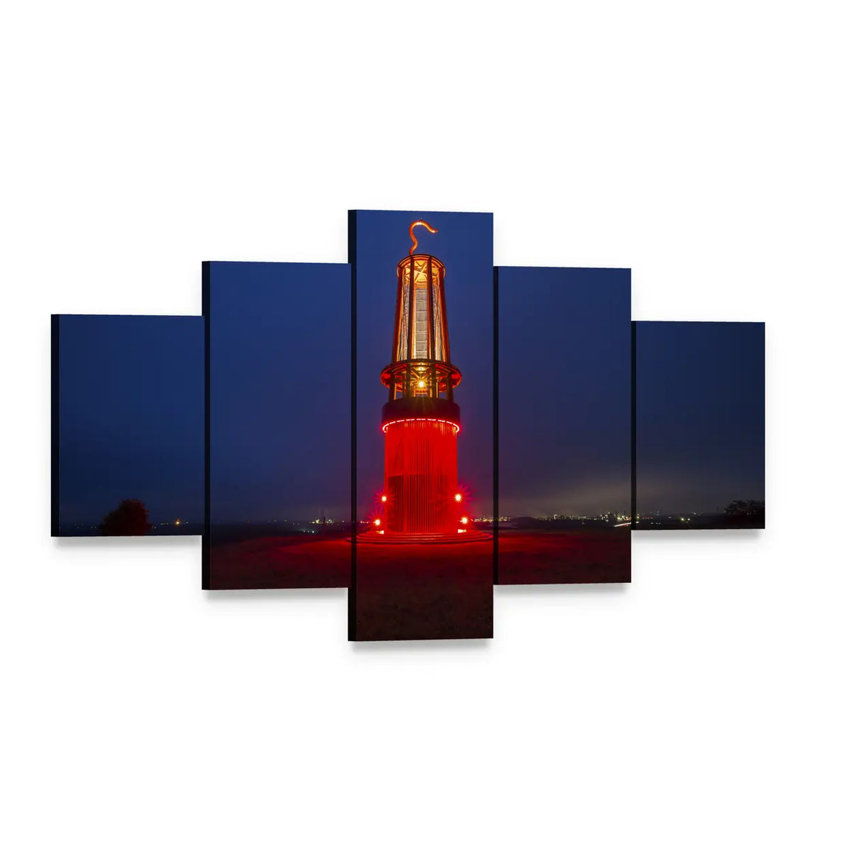 Lit Lighthouse on Dark Coast Canvas Wall Art, 5 panel 5 Star layout gallery wrapped canvas set, angled product view